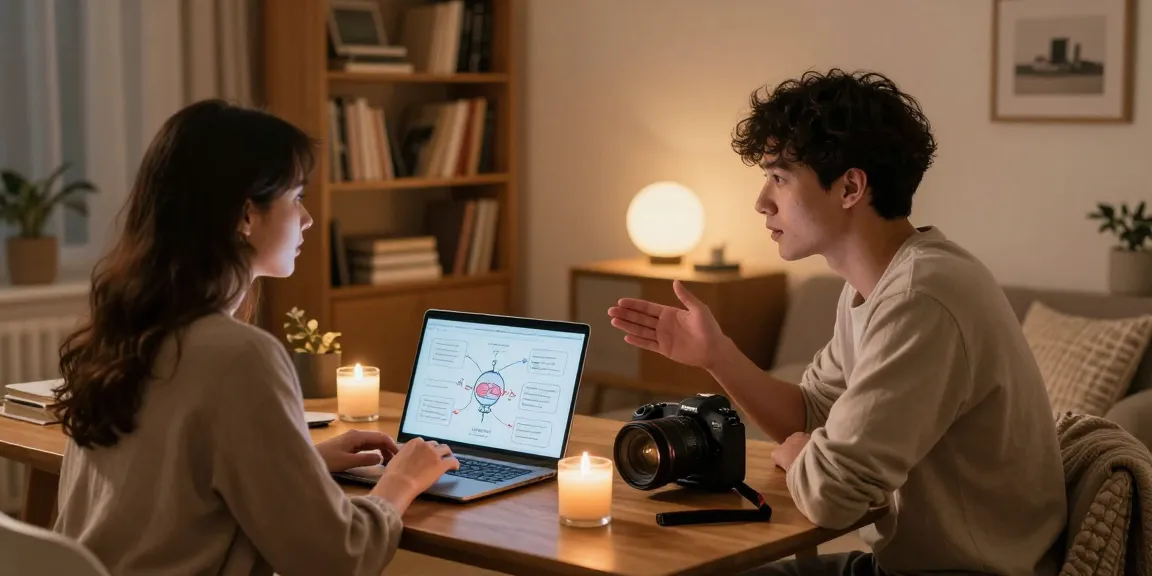 Engaging couple discussing AI sex coaching in a cozy home office setting.