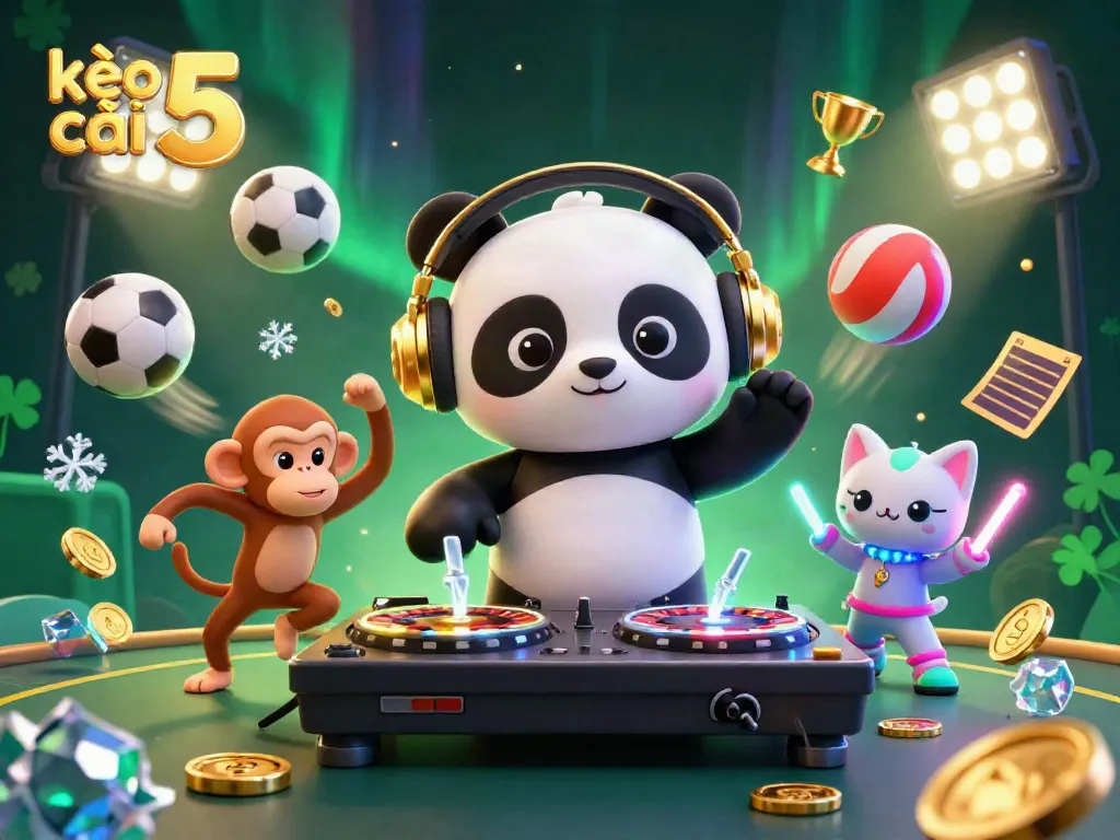 Engage with kèo nhà cái 5 in a vibrant scene with a DJ panda, breakdancing monkey, and rave kitten surrounded by dynamic sports elements.