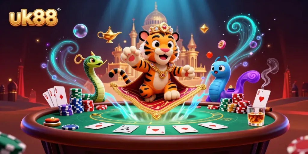 Experience the vibrant world of uk88 with a tiger sultan on a poker chip carpet amidst casino elements.