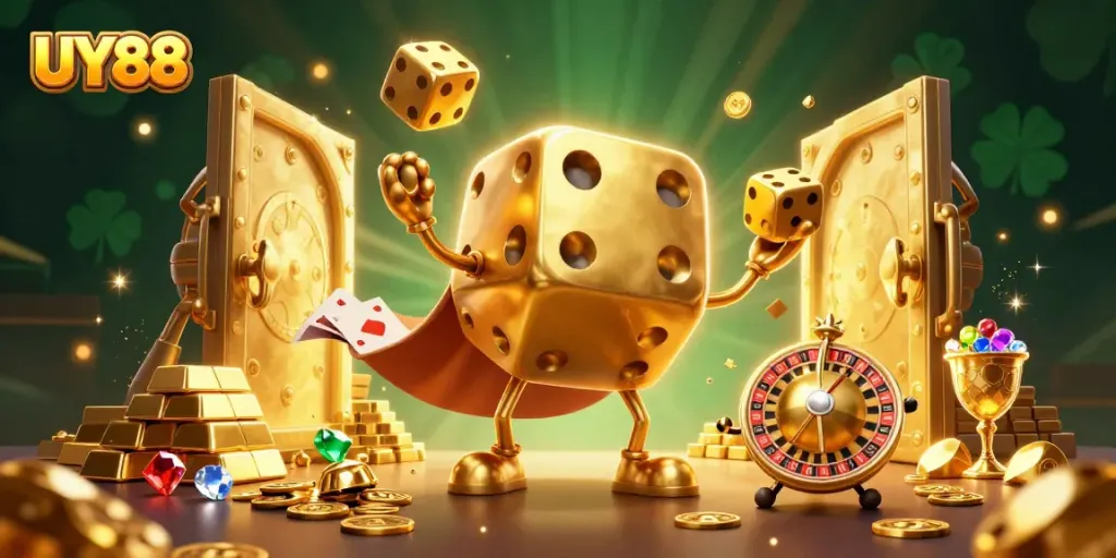 Experience excitement at UY88 with vibrant golden dice and treasure in a lively casino scene.