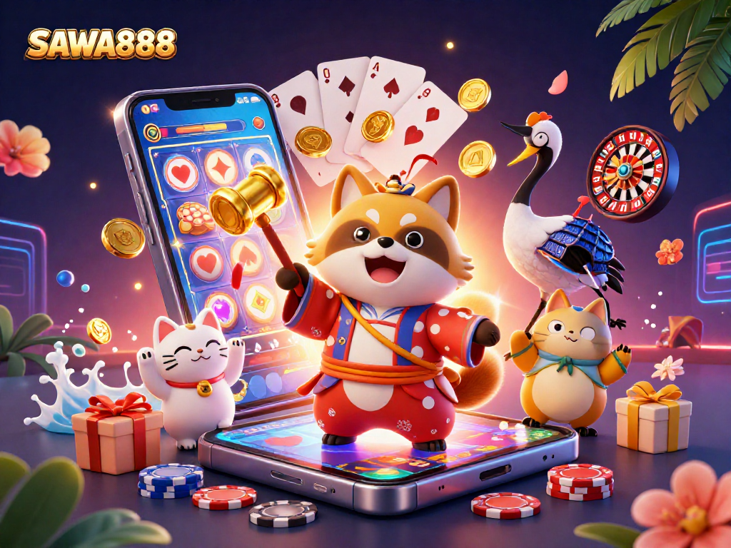 Experience the excitement at SAWA888 with a cheerful tanuki and colorful slot games.