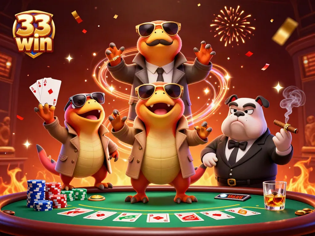 Engage in the thrilling atmosphere of 33 win with cartoon raptors sneaking into a luxurious casino.
