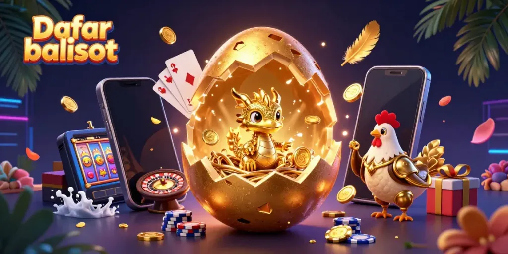 Experience thrilling gameplay with Daftar balisot featuring golden egg, dragon, poker chips, and slot games.