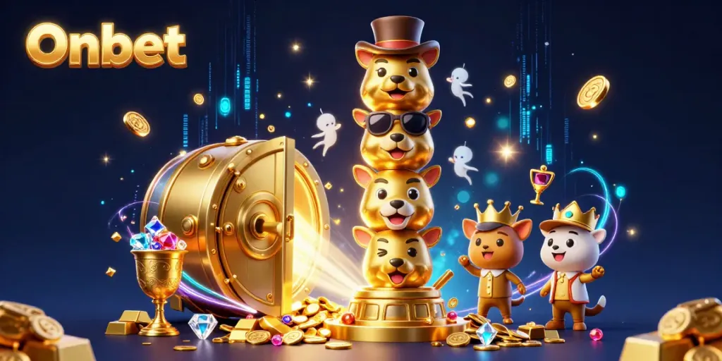 Engage in thrilling gameplay at Onbet, featuring a vibrant 3D casino illustration with treasure and adventure.