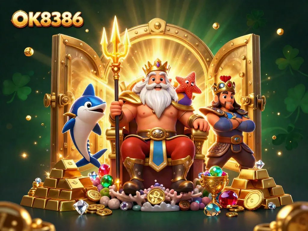 Play with excitement at OK8386, featuring Neptune and treasure amidst vibrant gaming elements.