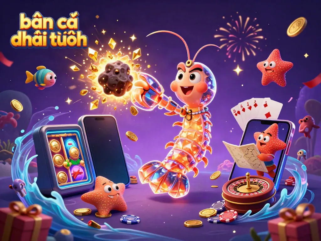 Explore dynamic bắn cá đổi thưởng action as a galactic mantis shrimp battles for treasure in a cosmic underwater scene.