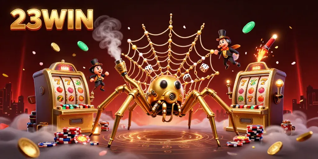Experience the excitement of winning with 23WIN, featuring animated slots and a playful steampunk spider.