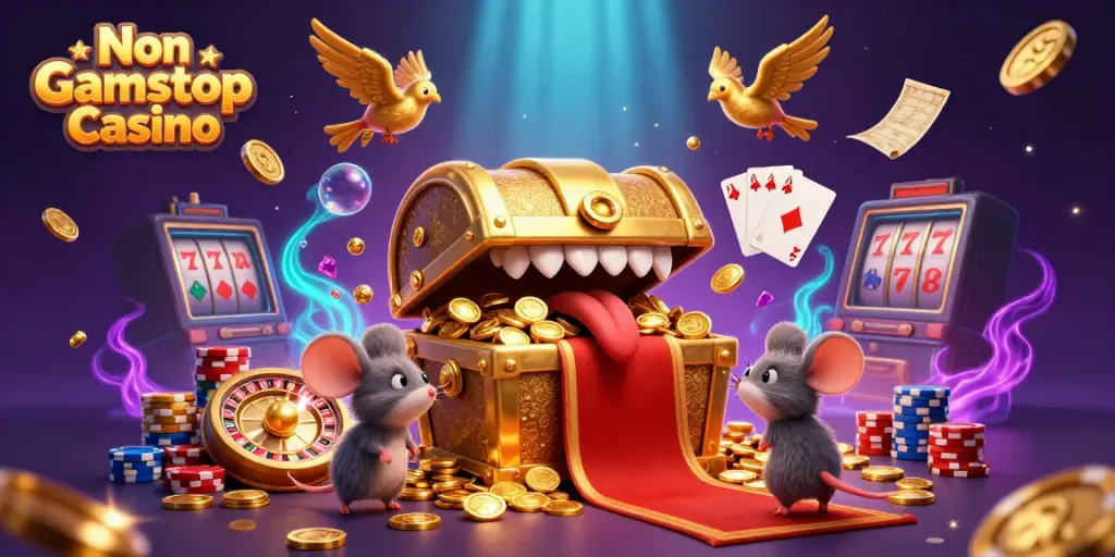 Engaging scene of a Non Gamstop Casino showcasing a golden treasure chest, adventurer mice, and dynamic game elements.