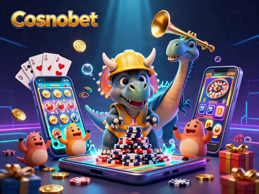Experience cosmobet excitement with vibrant characters building poker chip pyramids in an energetic casino scene.
