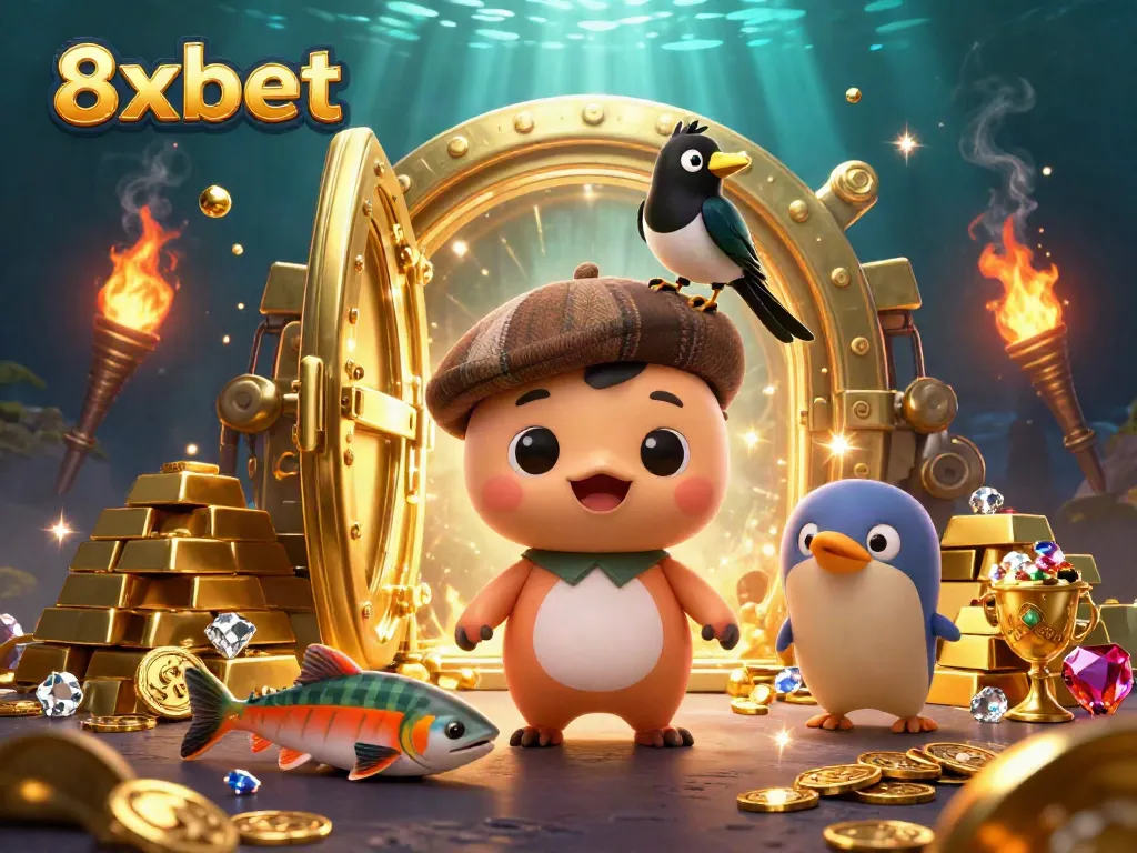 Engage with 8xbet through an enchanting 3D illustration featuring a playful Nessie and gold treasures.
