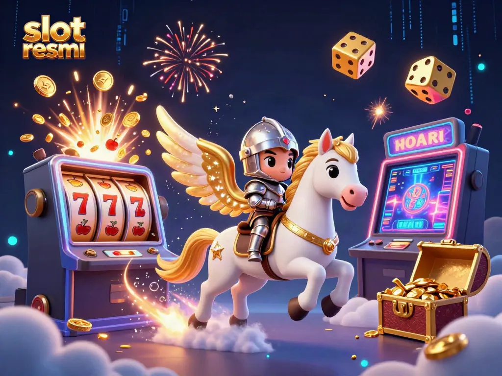 Engaging 3D illustration with a horse and knight amidst a jackpot explosion, embodying slot resmi excitement.