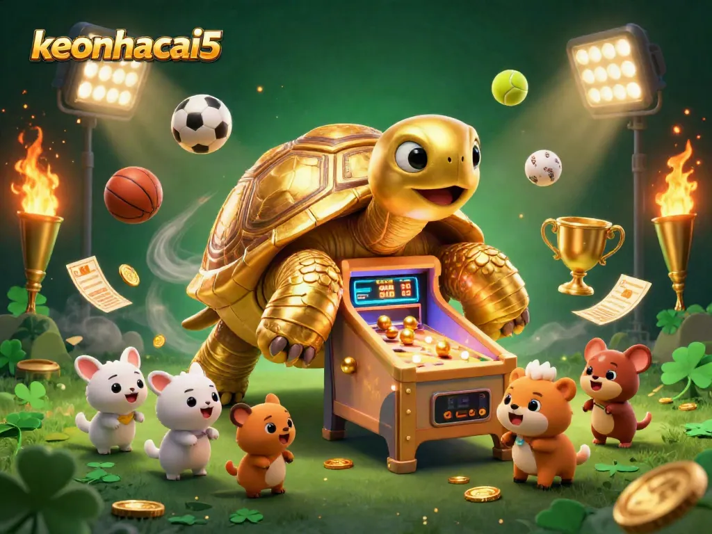 Engage with keonhacai5's vibrant gambling scene featuring golden tortoise and dynamic sports elements.