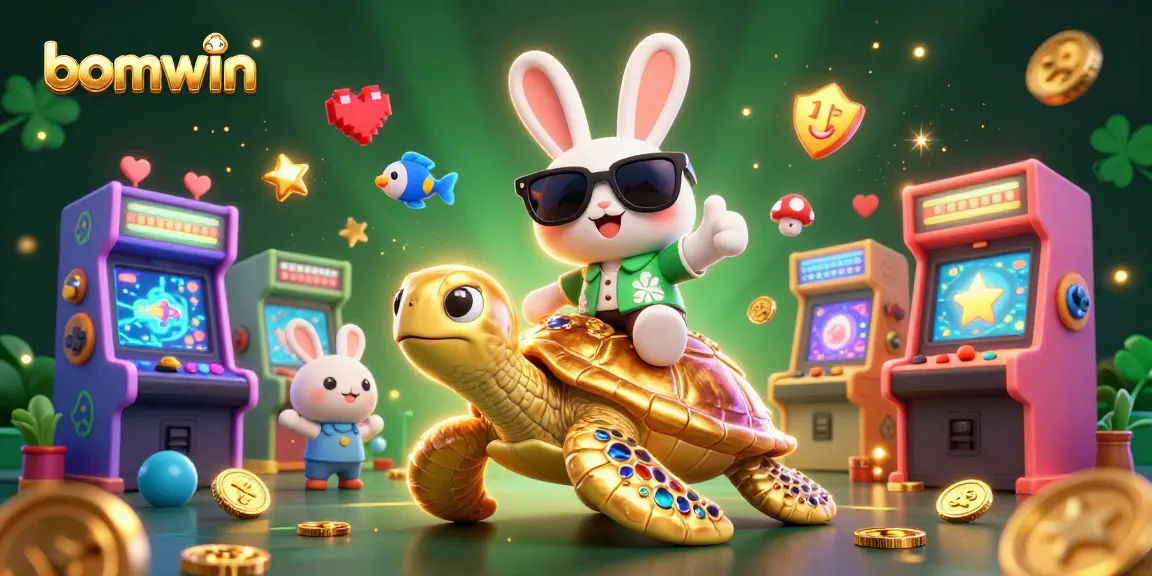 Join the bomwin adventure with our lucky rabbit and golden turtle in a vibrant casino world.