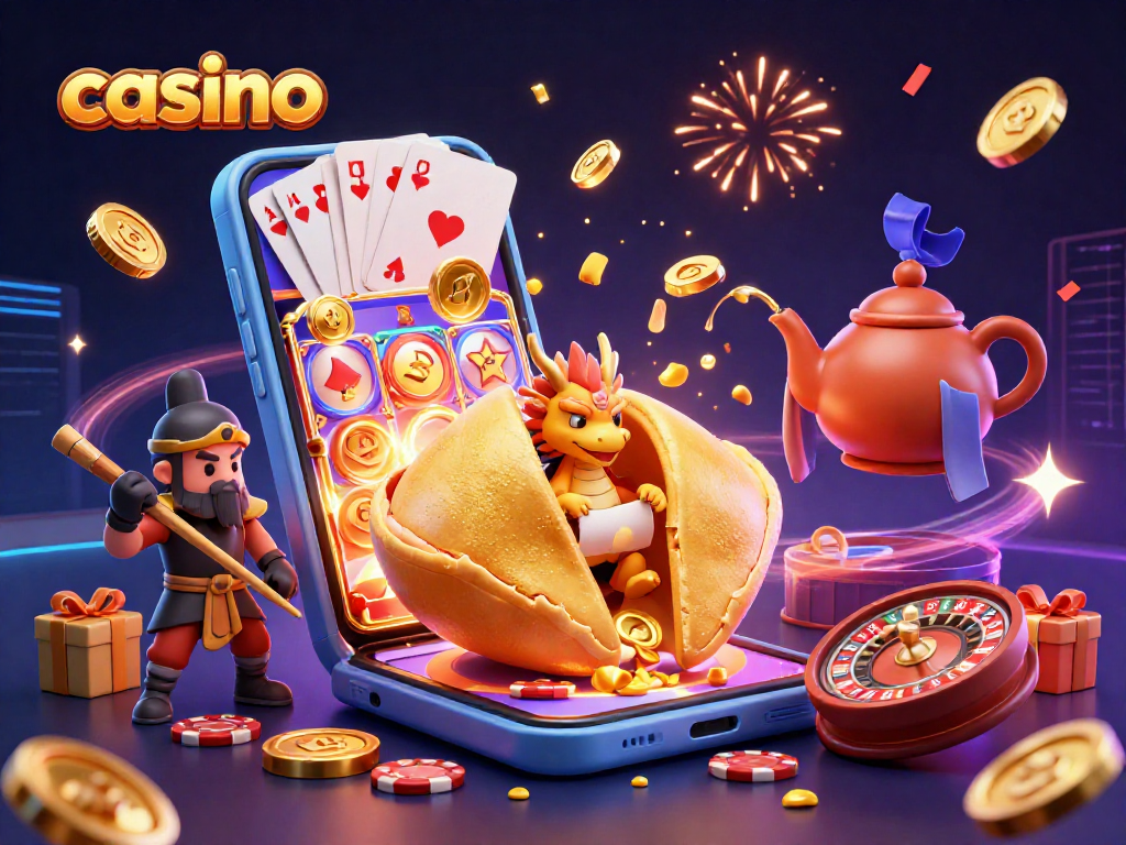 Engaging casino scene with a charming dragon reading fortunes inside a fortune cookie, slot games and treasure.