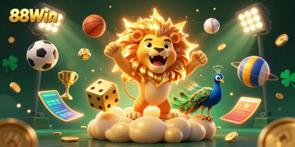 Engage in thrilling gameplay at 88Win, where a vibrant 3D scene depicts the excitement of sports betting.