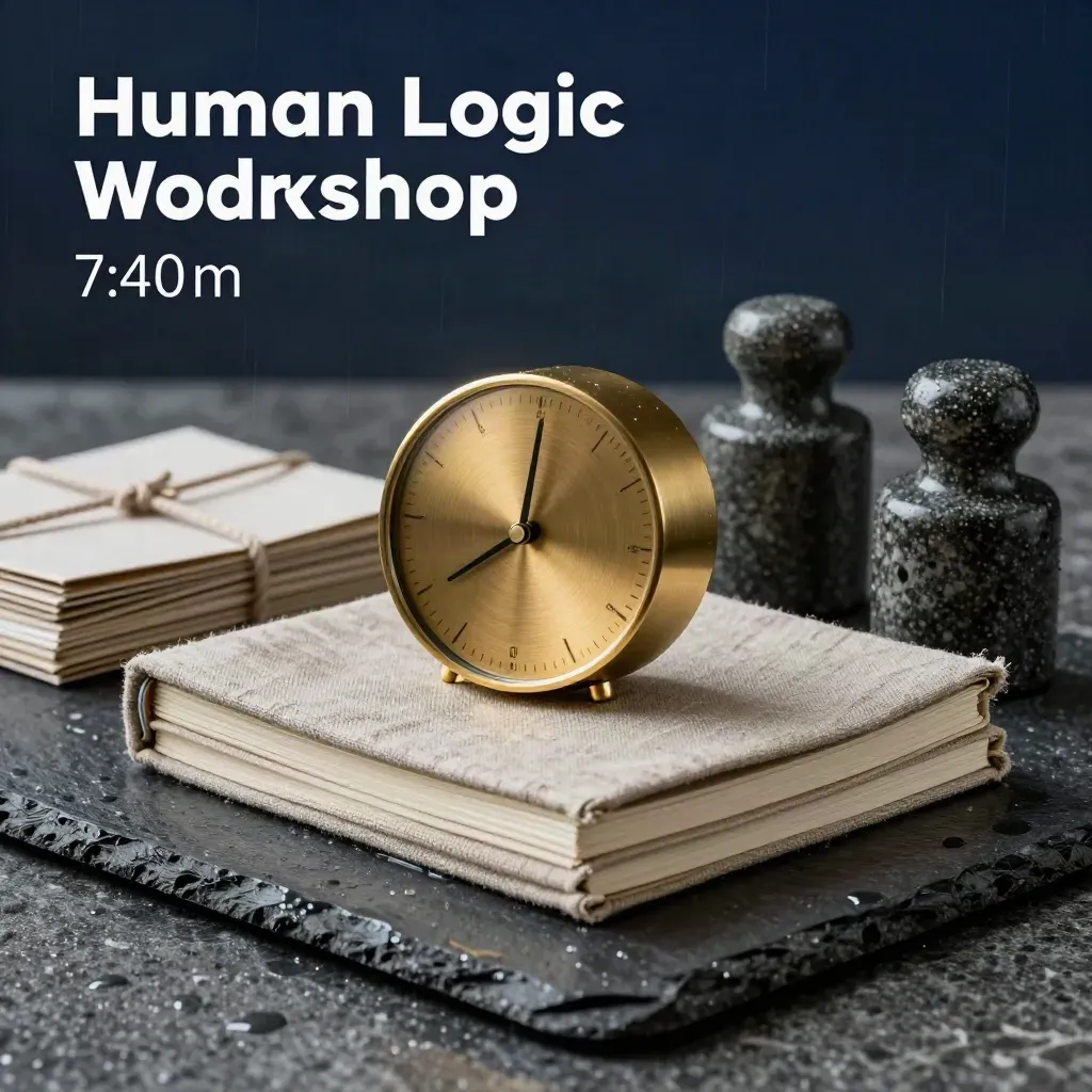 Brass session timer with linen notebooks, stone weights and card decks on rain-dark travertine.
