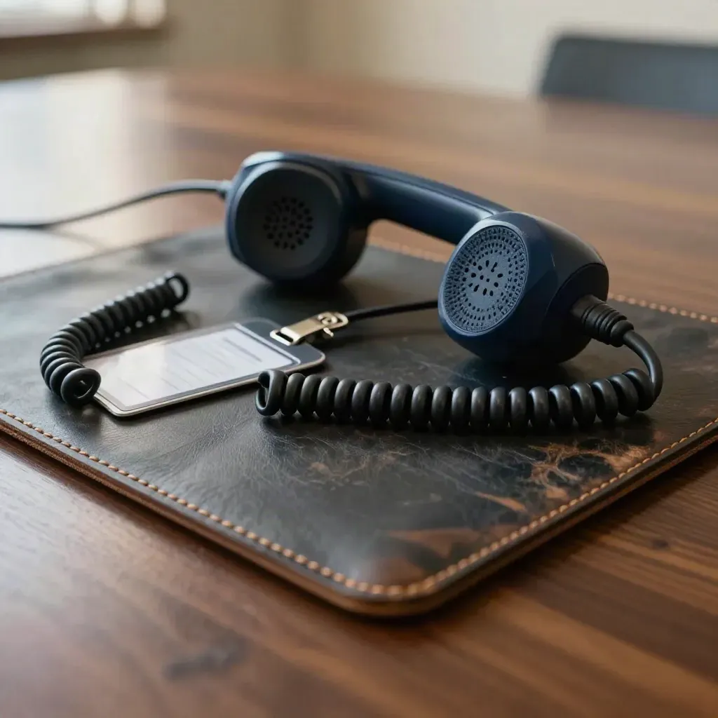 Navy radio handset, badge reel, and leather desk pad on a dark walnut table
