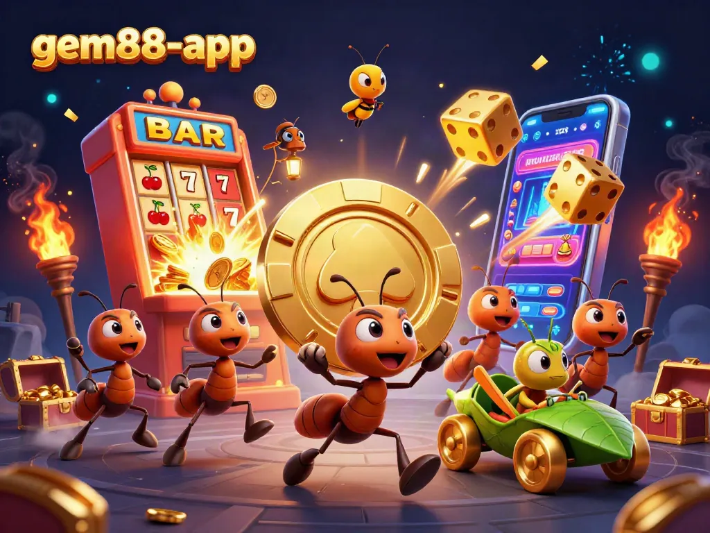 Experience the excitement of gem88-app as ants heroically transport a giant golden poker chip amid a vibrant casino scene.