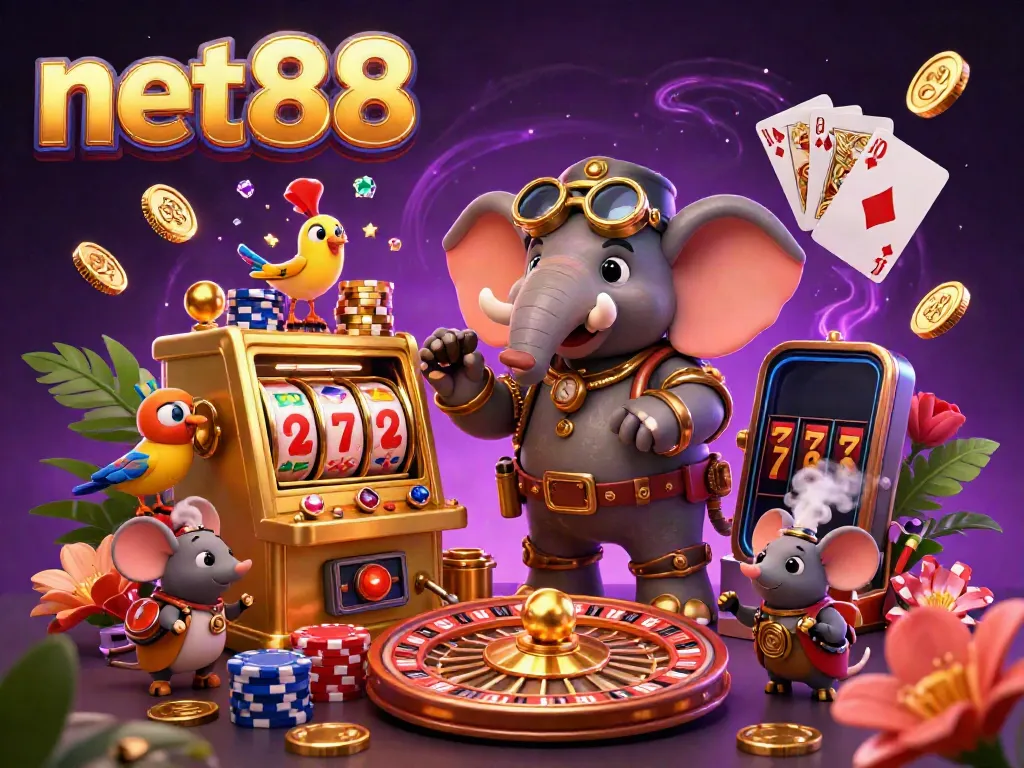 Spin the lucky net88 slot machine with golden coins and colorful poker chips in a vibrant casino scene.
