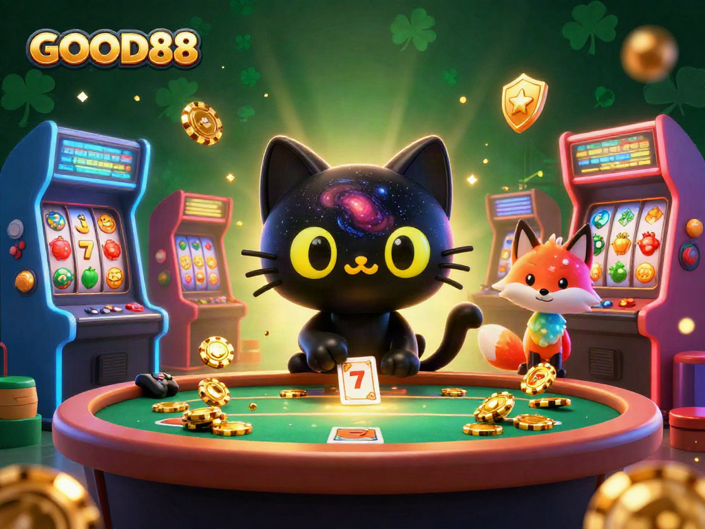 Engage with GOOD88 at a vibrant cosmic casino table featuring a black hole cat and a colorful fox.