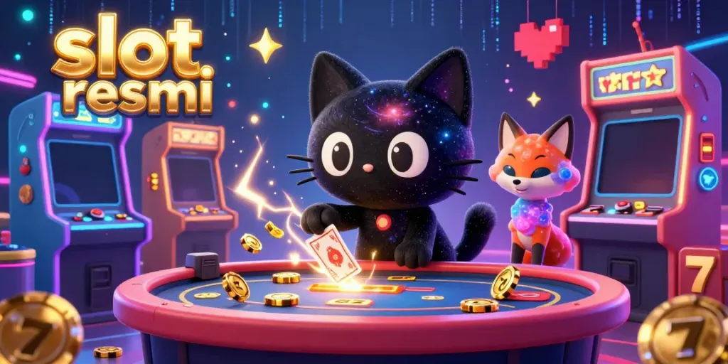 Engaging scene featuring a black hole cat and colorful fox amidst slot machines, showcasing slot resmi theme.