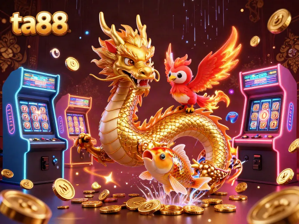 Join the excitement at ta88 with a vibrant illustration of a golden dragon, red phoenix, and koi fish amidst gambling treasures.