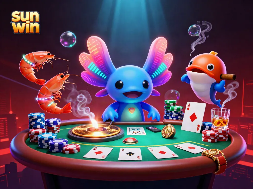 Experience the vibrant excitement of sun win with lively characters at a dynamic poker night.