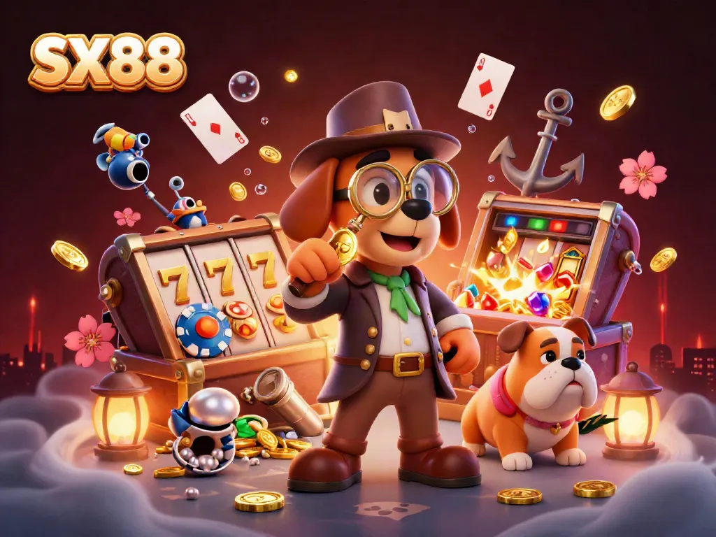 SX88 slot gaming scene with a detective examining poker chips and treasure clues