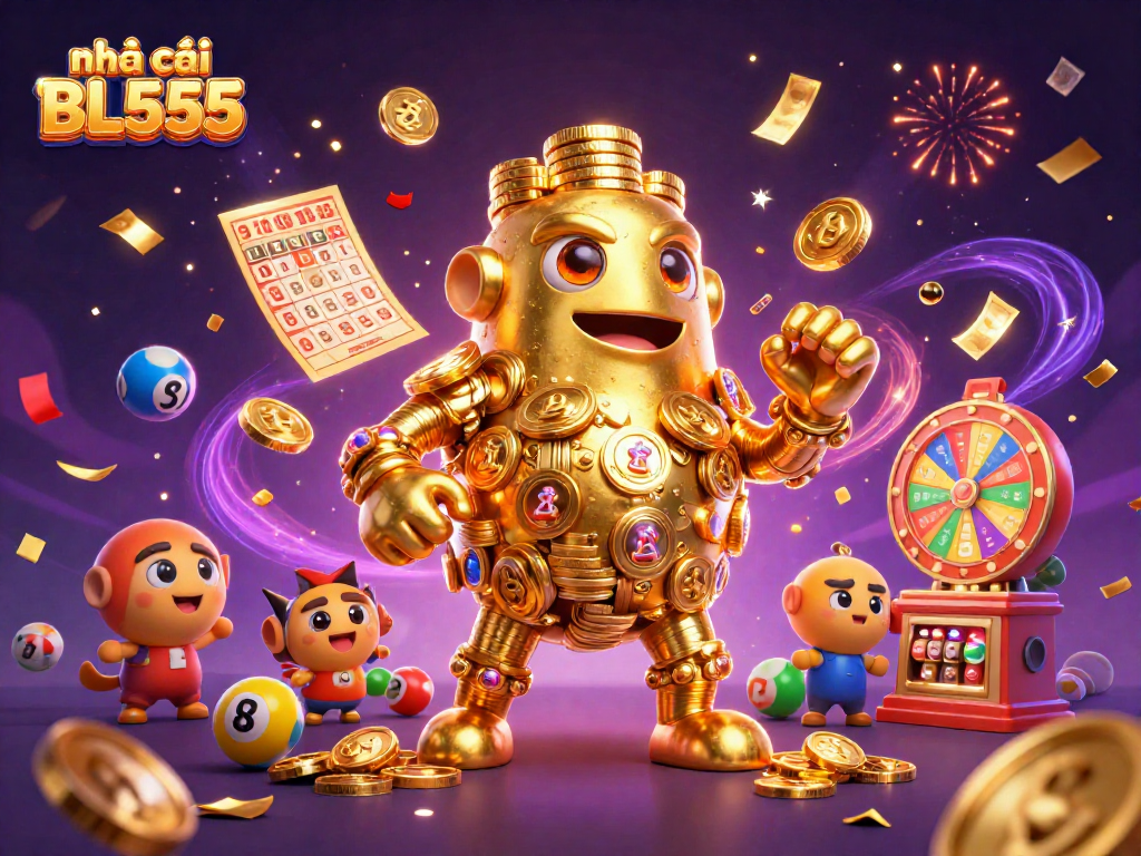 Experience the excitement of nhà cái BL555 with a vibrant 3D illustration showcasing dynamic casino elements.