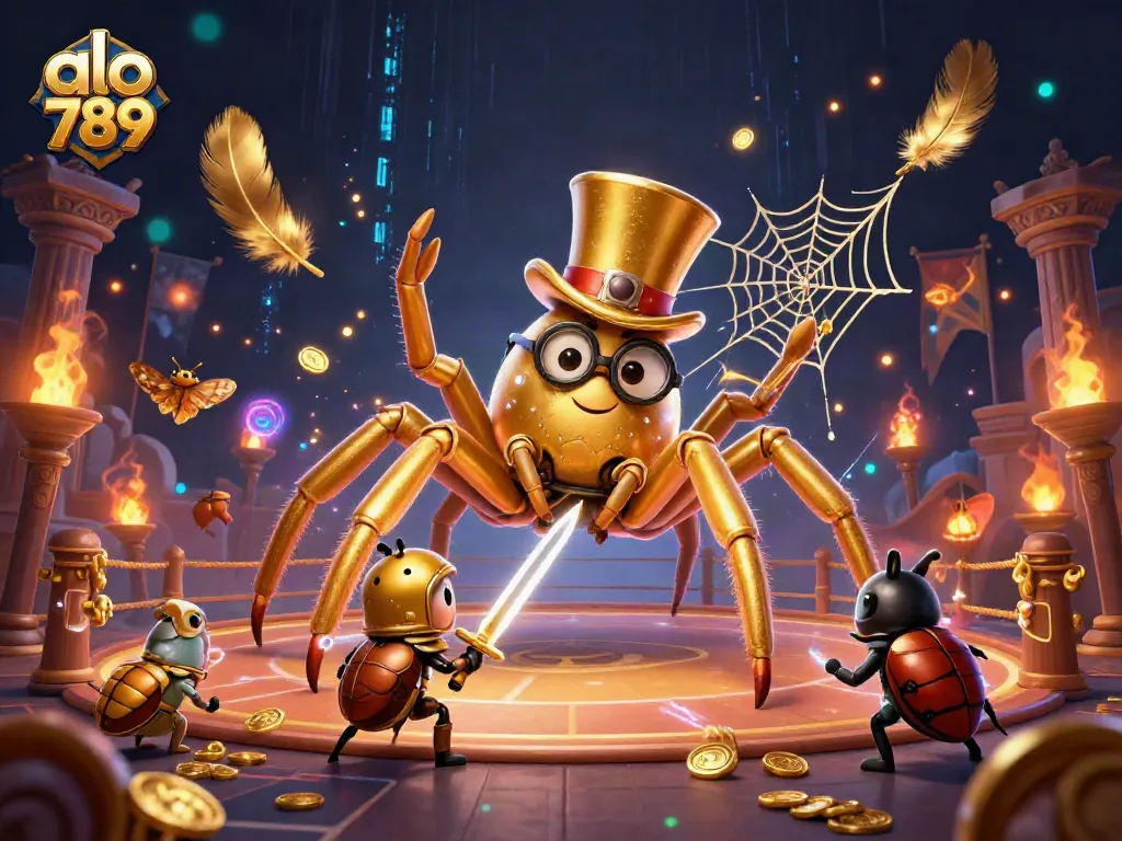 Alo 789 showcases thrilling casino adventures with a golden tarantula and beetle knight amidst dazzling gaming elements.