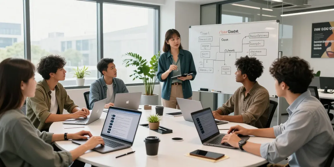 Diverse professionals discussing ChatGPT alternatives in a modern tech workspace, showcasing collaborative brainstorming.