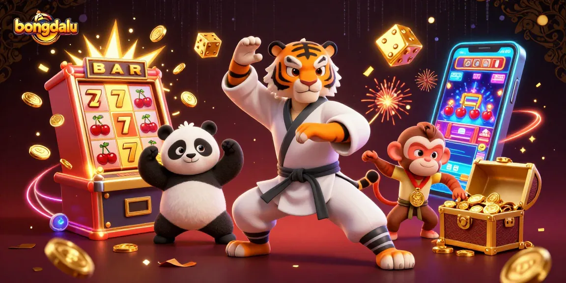 Bongdalu showcases the excitement of a jackpot with a kung fu tiger master and a panda disciple in a vibrant casino scene.