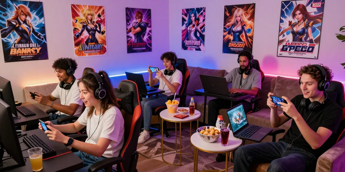 Engaged gamers enjoying ecchi game online in a colorful, cozy gaming room.