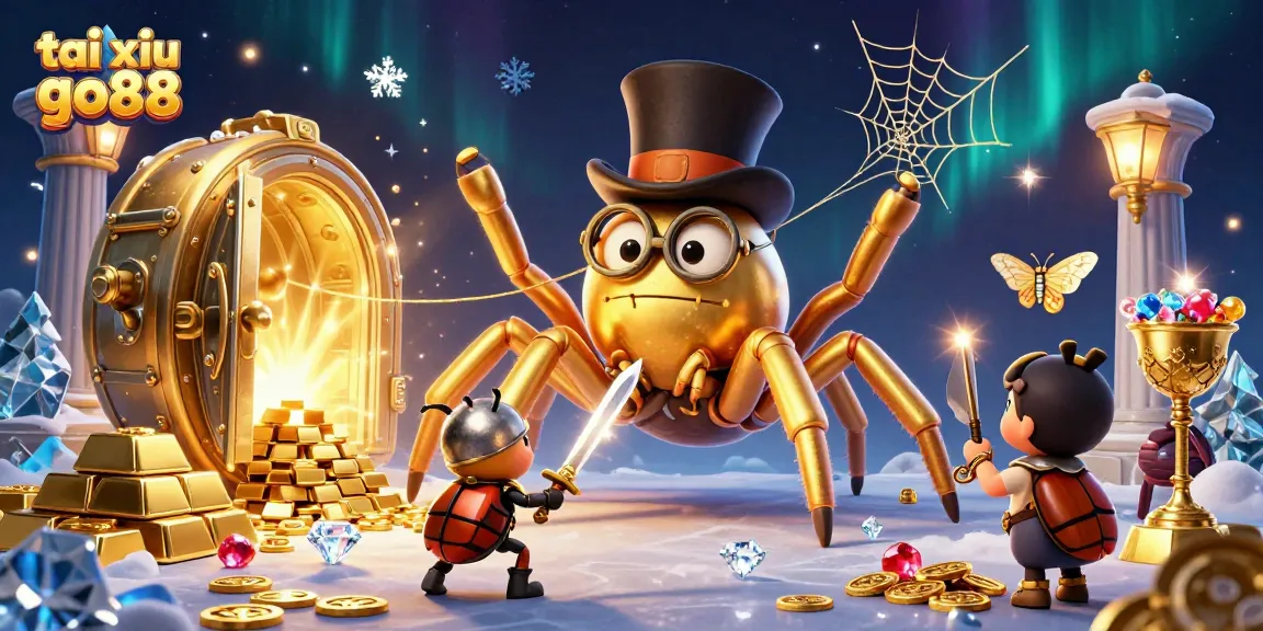 Experience thrilling tai xiu go88 gaming adventures with a cartoon giant tarantula and beetle knight illustration.