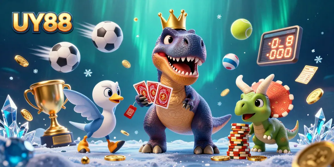 Engage with UY88's thrilling casino adventure as a T-Rex shuffles cards and a triceratops stacks gold chips.