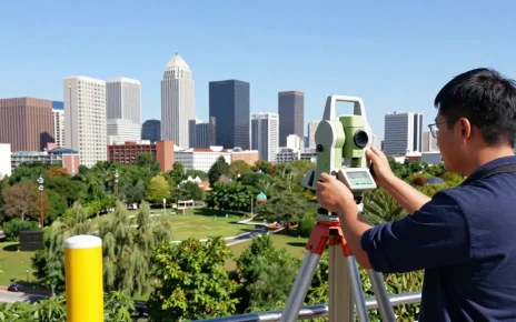 Land surveyors London conducting a topographical survey with advanced GPS equipment in an urban setting.