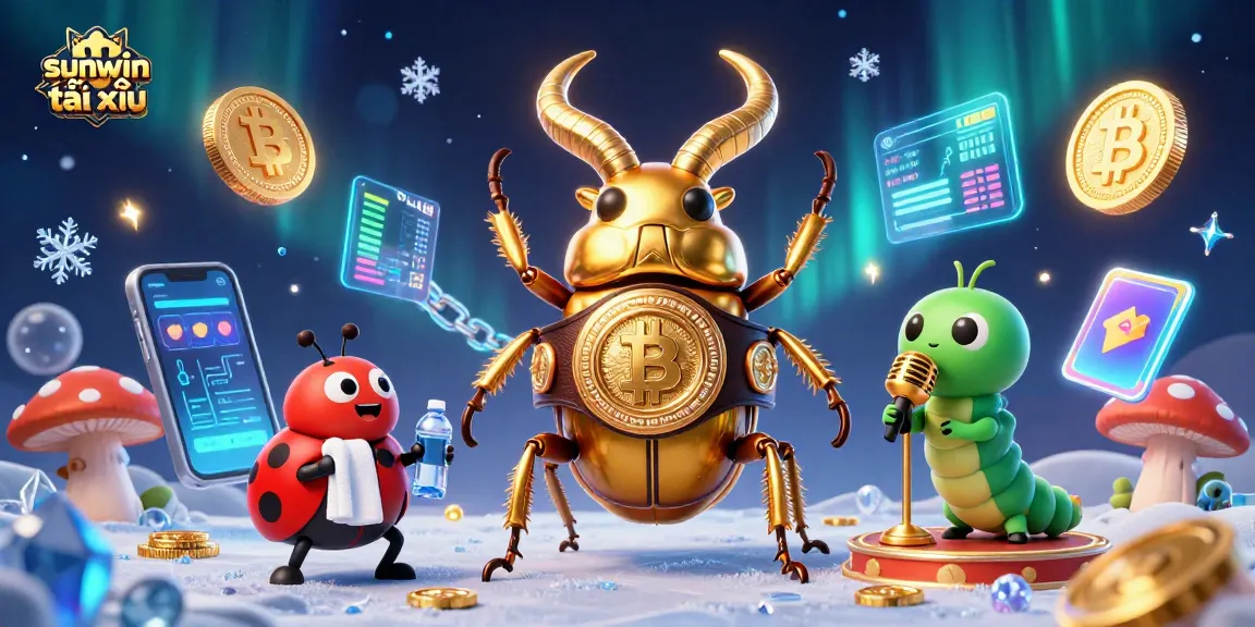 Experience sunwin tài xỉu gameplay with a vibrant casino-themed illustration featuring unique characters and cryptocurrency elements.