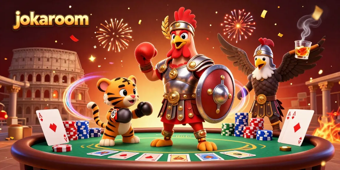 Experience thrilling action at jokaroom with a gladiator rooster and a tiger cub at a poker showdown.