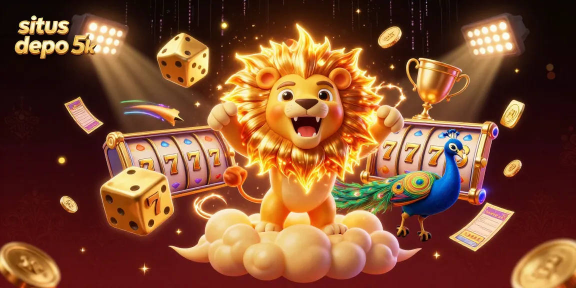 Experience the excitement of situs depo 5k with animated slot reels, golden dice, and vibrant casino elements.