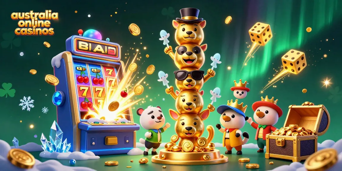 Engage with australia online casinos in a vibrant scene featuring a dynamic 3D illustration of a golden totem pole surrounded by slot machines and festive elements.