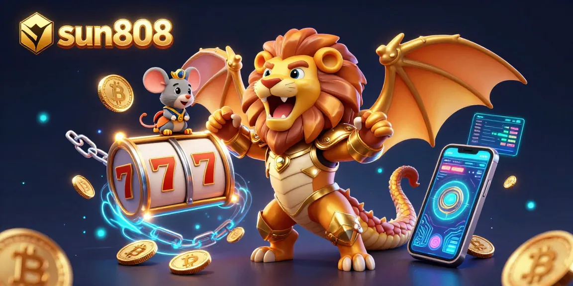 Engaging sun808 gambling scene with a chimera roaring and slot reels, inviting players to win.