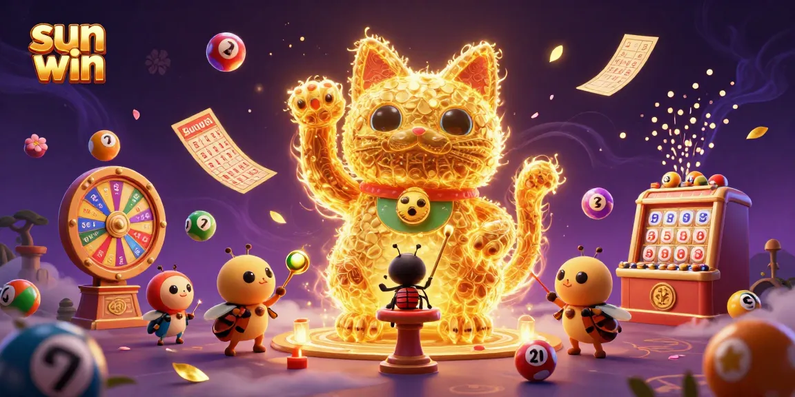 Interact with a vibrant sun win scene featuring a lucky cat and golden fireflies amid dynamic casino elements