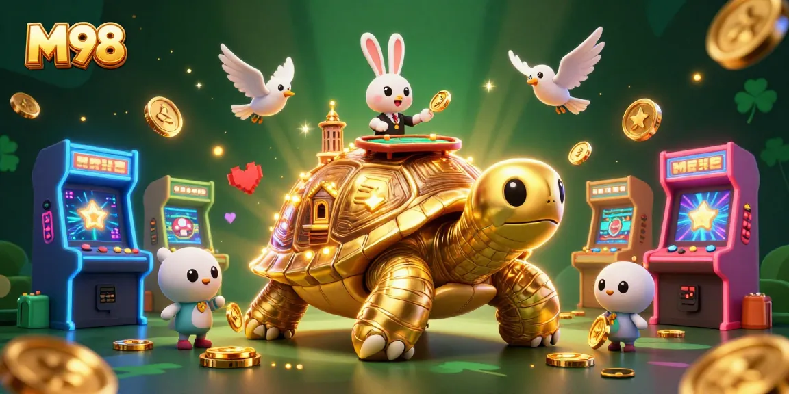 M98 enhances gameplay with a thrilling 3D casino experience featuring vibrant creatures and golden coins.